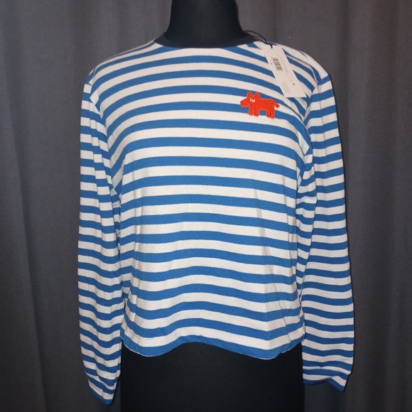 Bimba y Lola Striped Long Sleeve Top Red Dog Patch Crew Neck Women - Picture 2 of 5